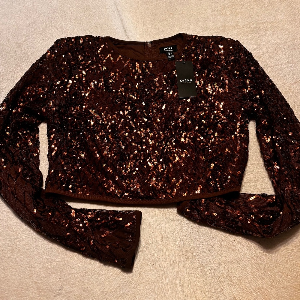 Privy long sleeves sequins top copper size large  NWT